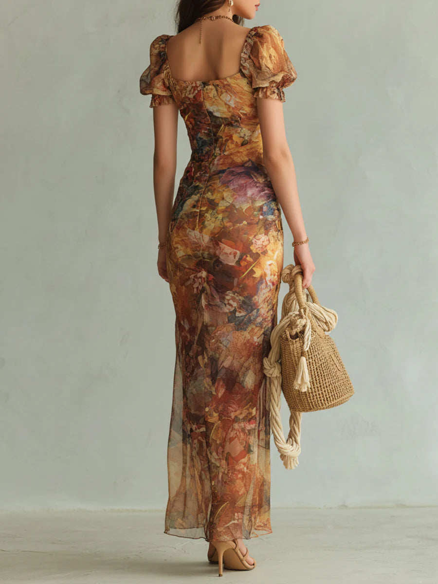 Viola | Robe longue en mousseline orange à imprimé peinture à l'huile de style bohème