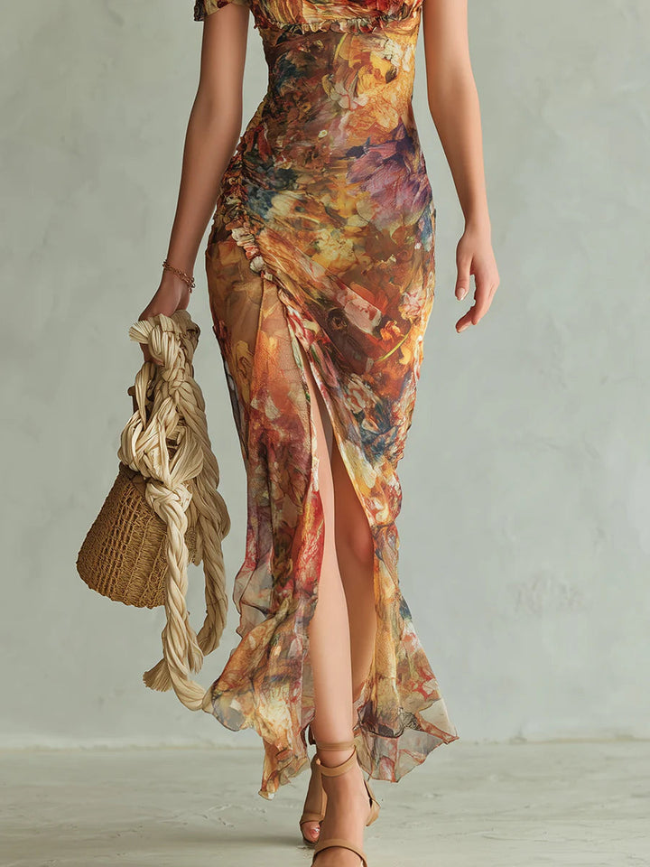 Viola | Robe longue en mousseline orange à imprimé peinture à l'huile de style bohème