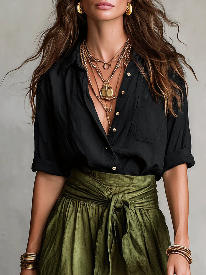 RIVER | Ensemble deux pièces : top noir et jupe midi vert olive