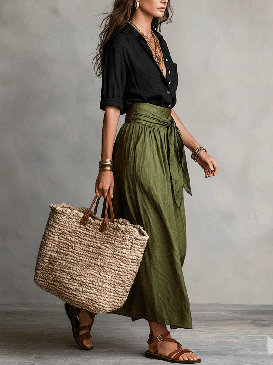 RIVER | Ensemble deux pièces : top noir et jupe midi vert olive