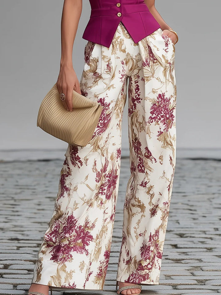 Ensemble Gilet Sans Manches Rose Pâle Et Pantalon Ample Imprimé Floral