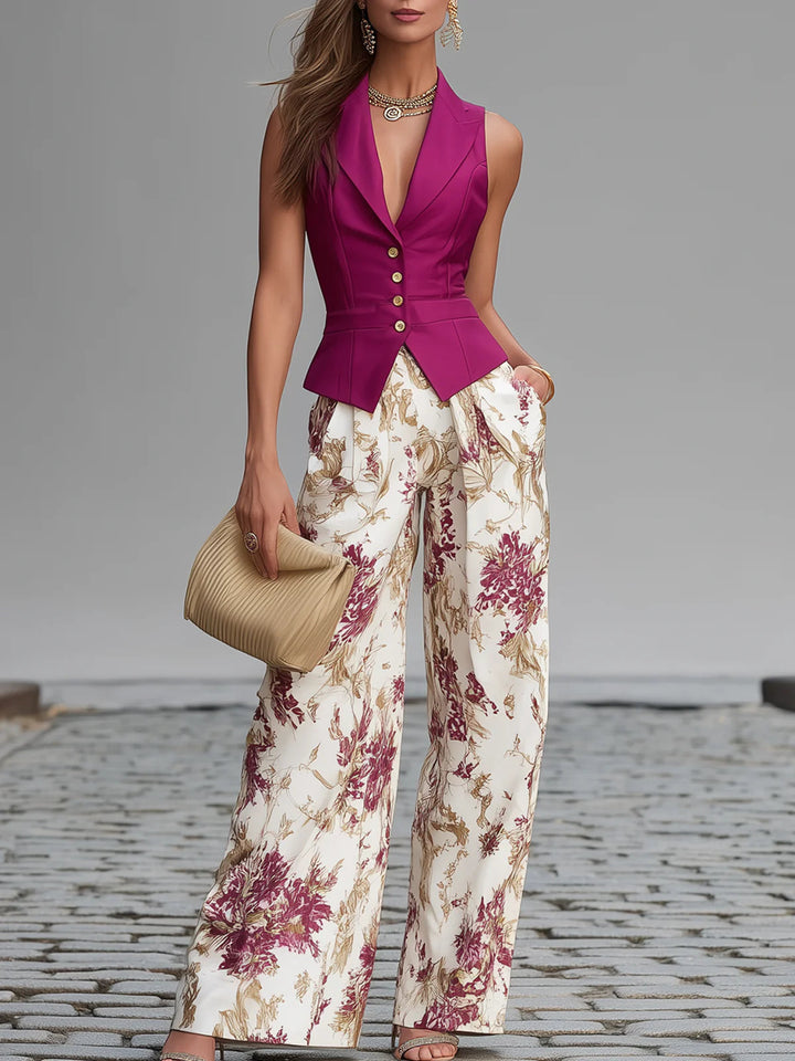 Ensemble Gilet Sans Manches Rose Pâle Et Pantalon Ample Imprimé Floral