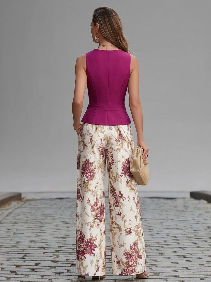 Ensemble Gilet Sans Manches Rose Pâle Et Pantalon Ample Imprimé Floral