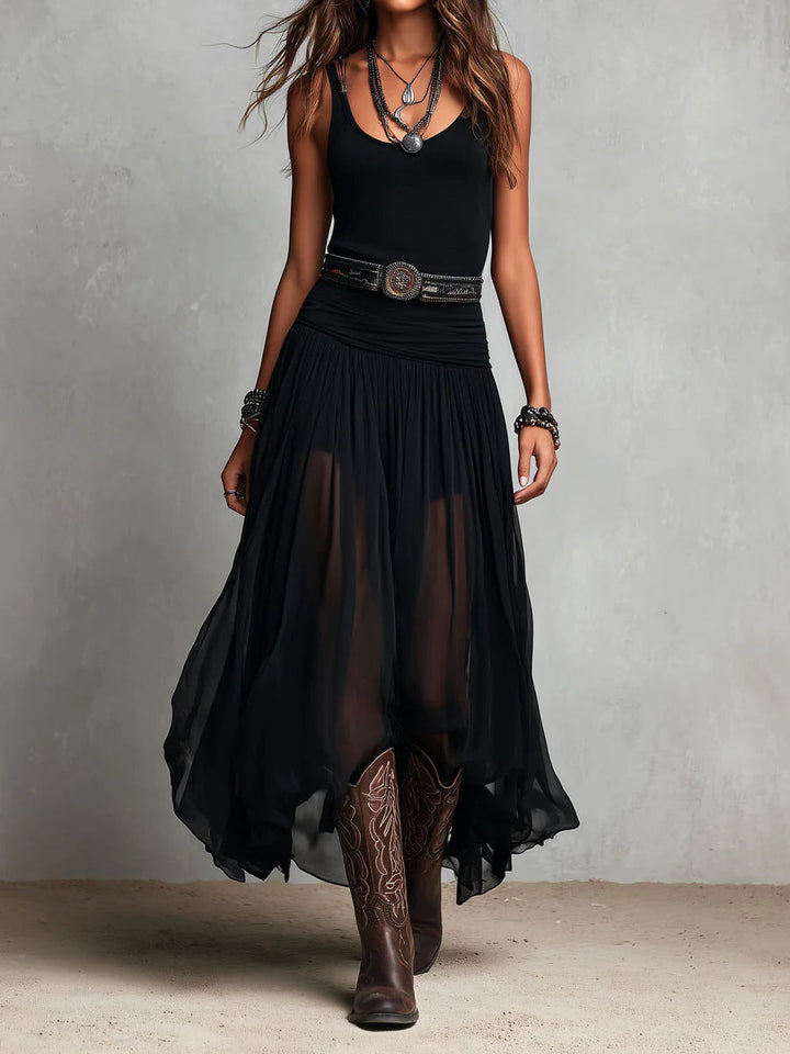 Robe longue à débardeur noir sans manches et jupe en tulle (avec ceinture)