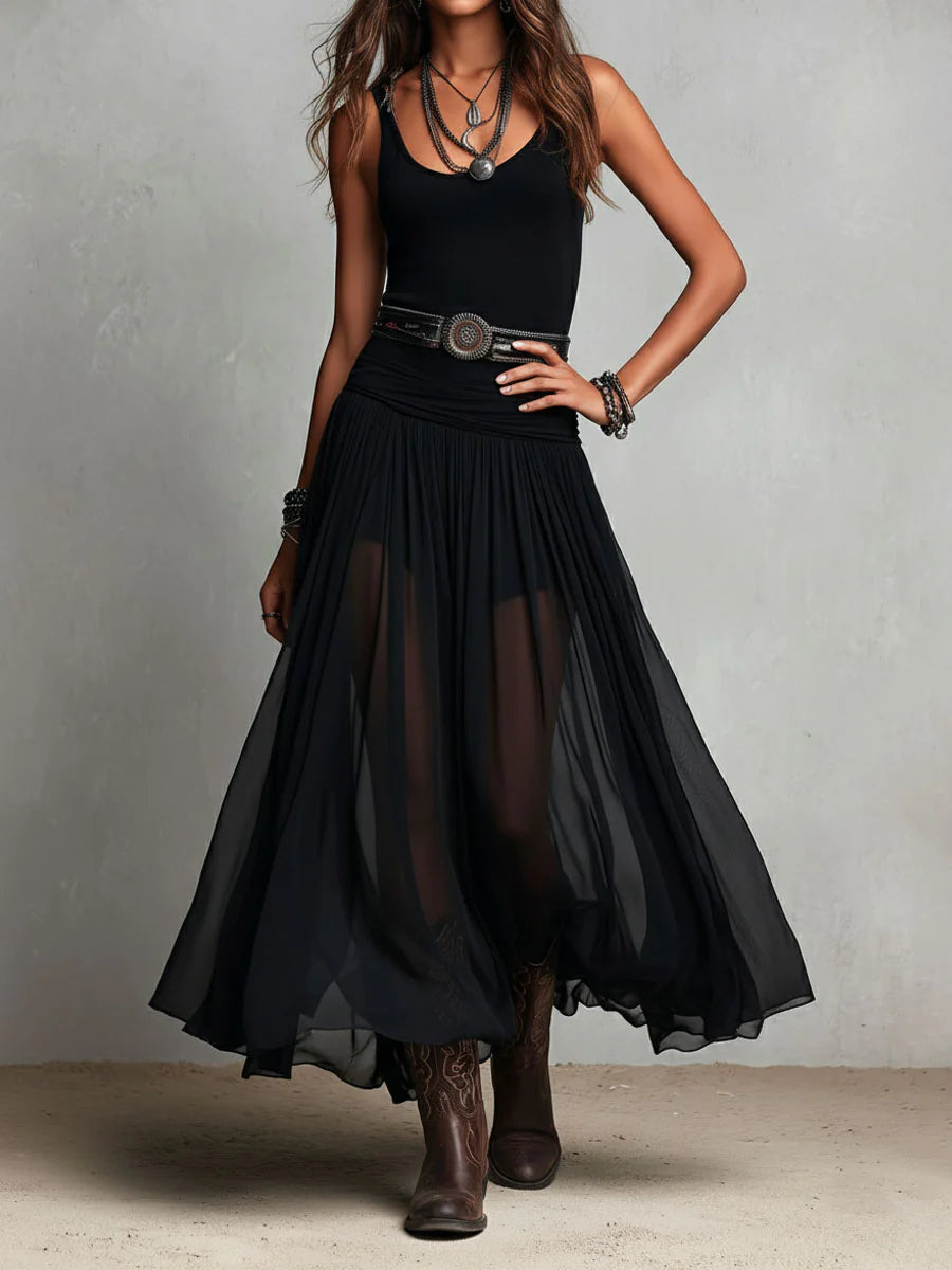 Robe longue à débardeur noir sans manches et jupe en tulle (avec ceinture)