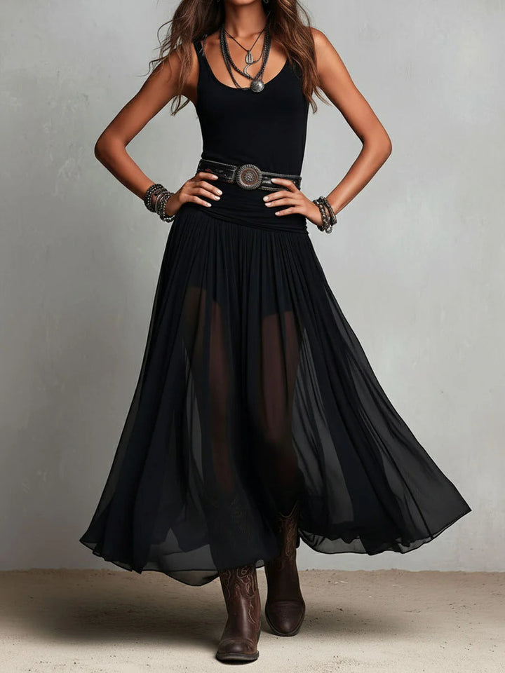 Robe longue à débardeur noir sans manches et jupe en tulle (avec ceinture)