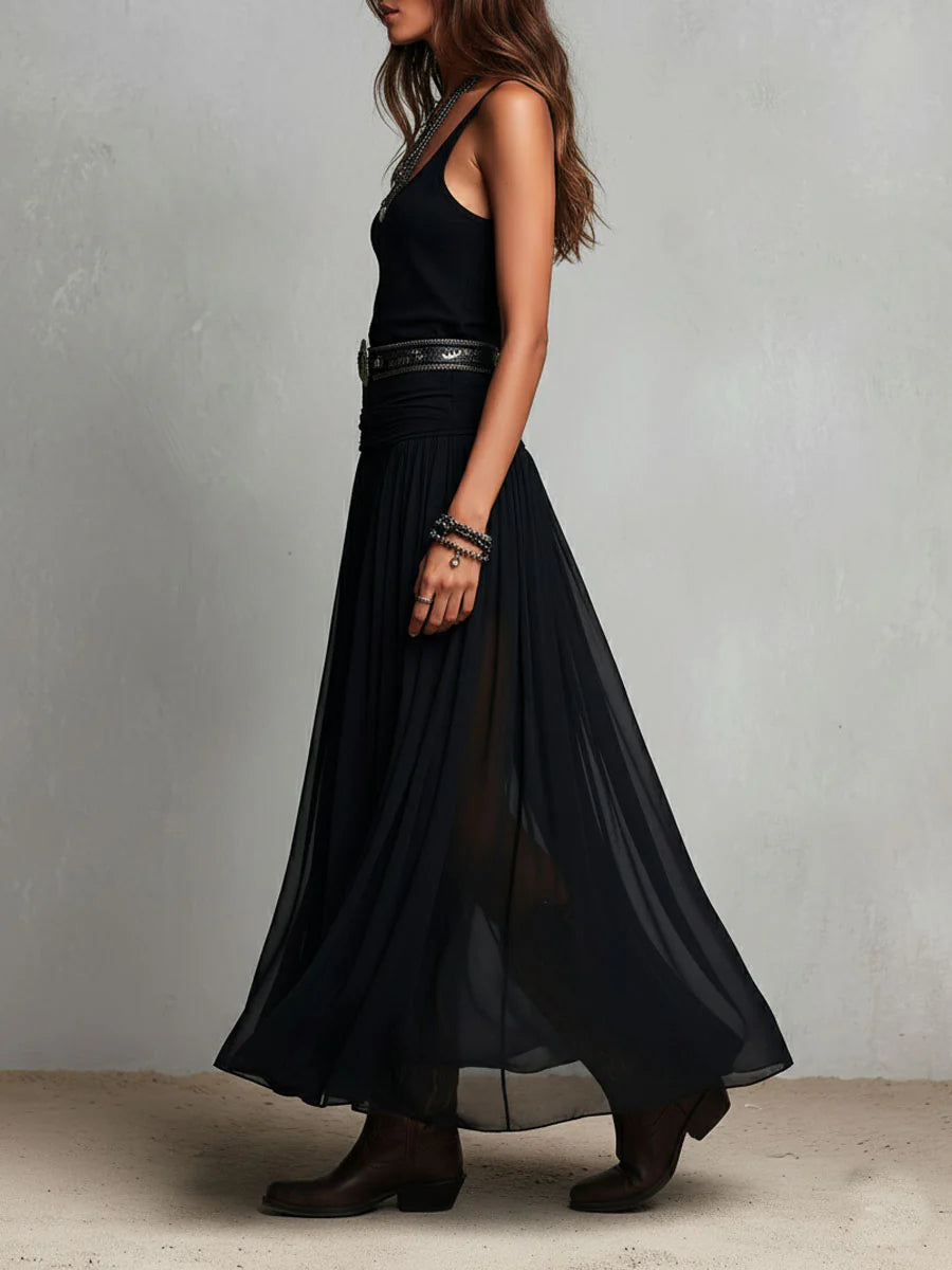 Robe longue à débardeur noir sans manches et jupe en tulle (avec ceinture)