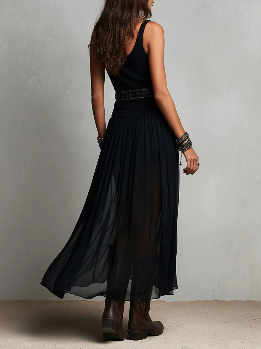 Robe longue à débardeur noir sans manches et jupe en tulle (avec ceinture)