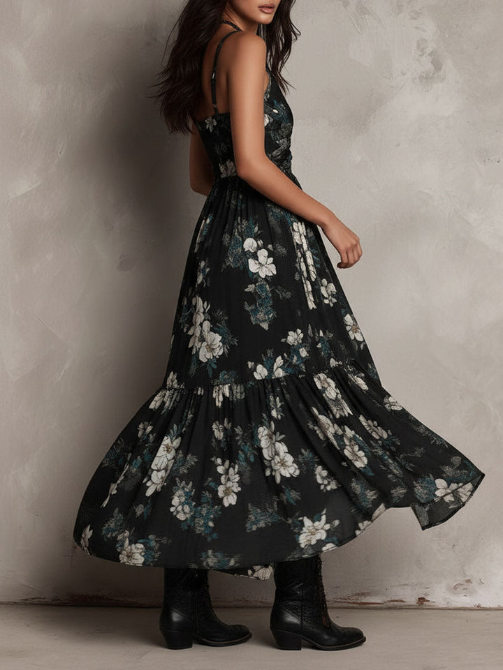 Robe longue bohème noire à imprimé floral, bustier et ourlet asymétrique