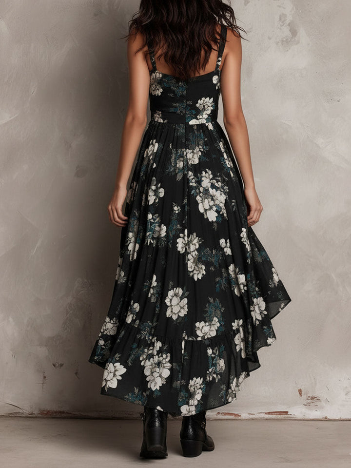 Robe longue bohème noire à imprimé floral, bustier et ourlet asymétrique
