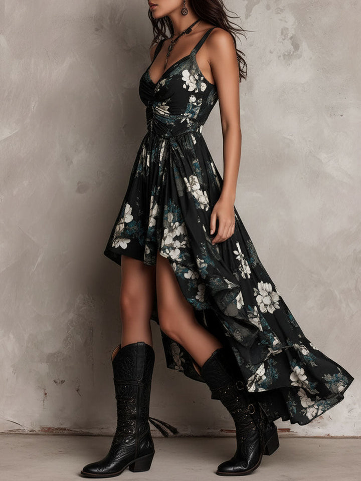 Robe longue bohème noire à imprimé floral, bustier et ourlet asymétrique