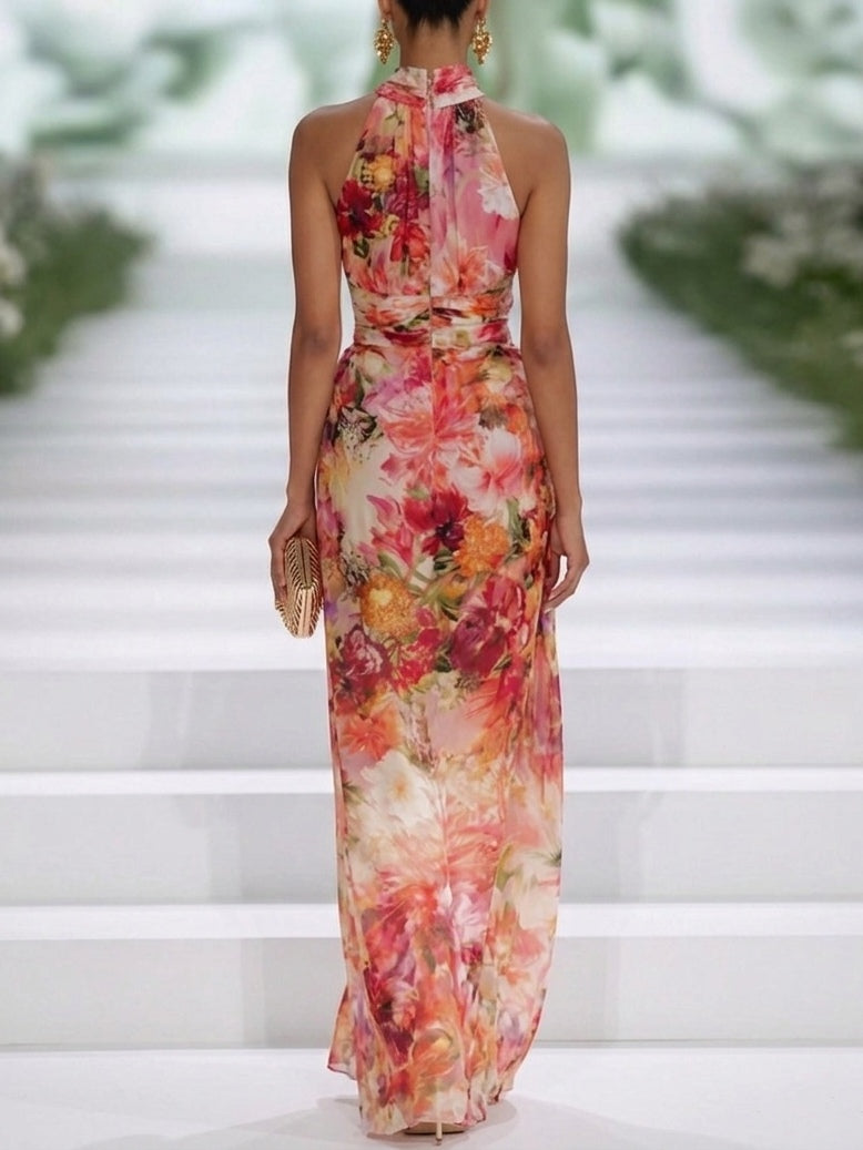 Robe longue rouge en mousseline à imprimé floral, col dos-nu sans manches