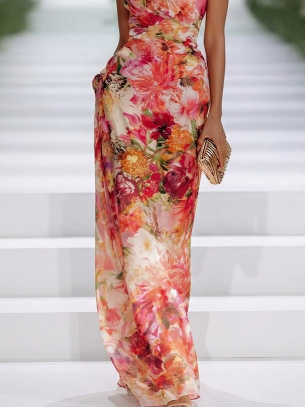 Robe longue rouge en mousseline à imprimé floral, col dos-nu sans manches