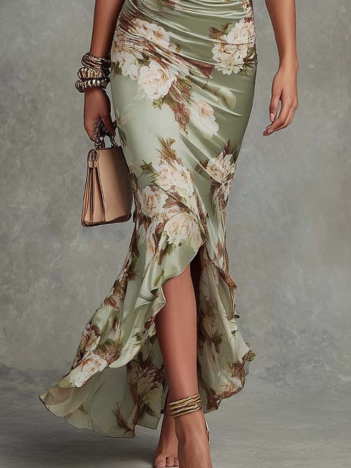 Robe longue verte asymétrique en satin à fleurs, col V et manches évasées à volants
