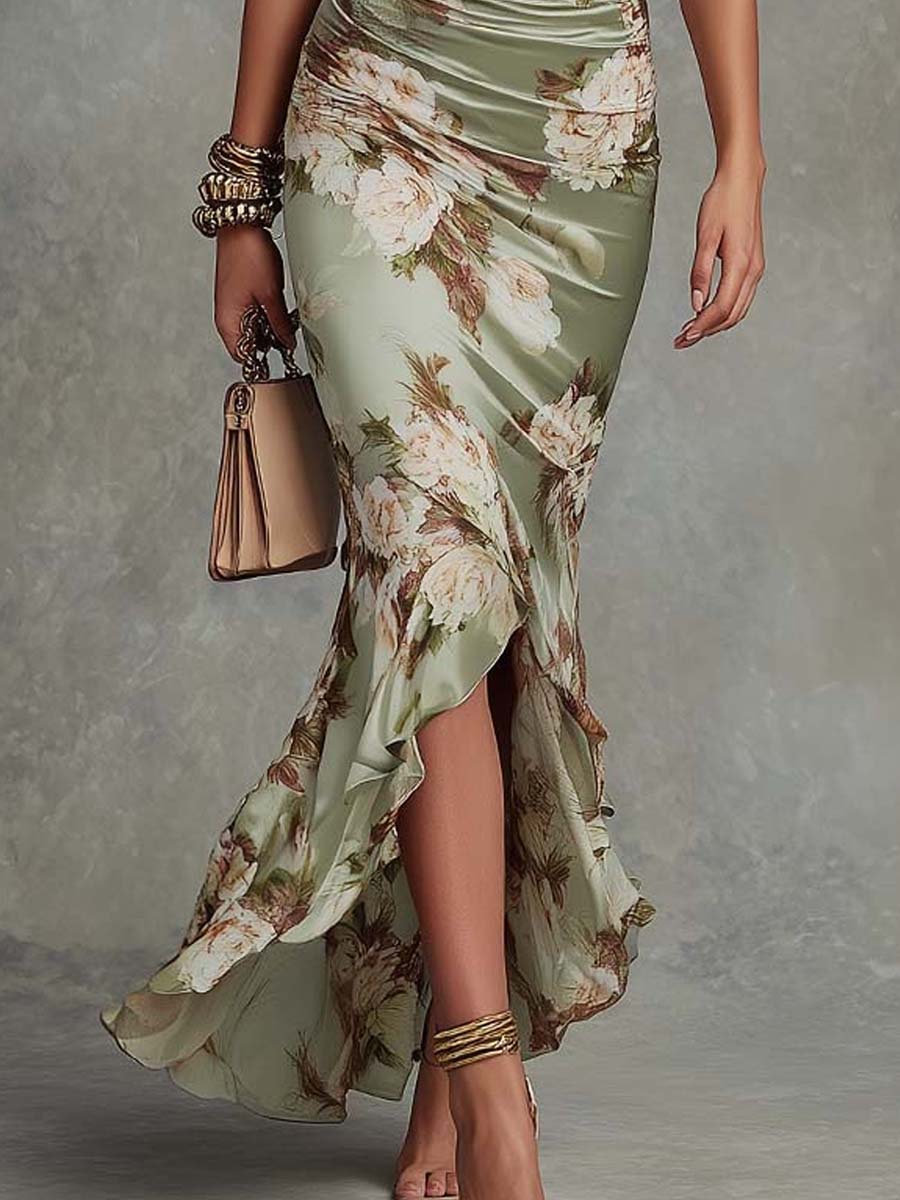 Ophelia | Robe Maxi Asymétrique en Satin à Manches Cloches
