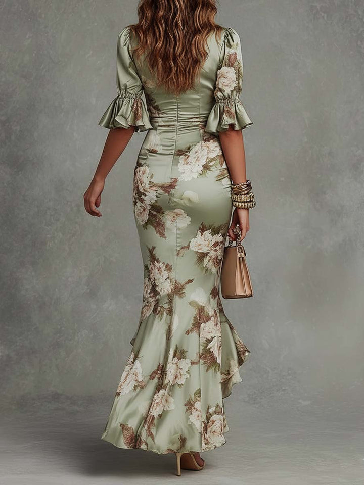 Robe longue verte asymétrique en satin à fleurs, col V et manches évasées à volants