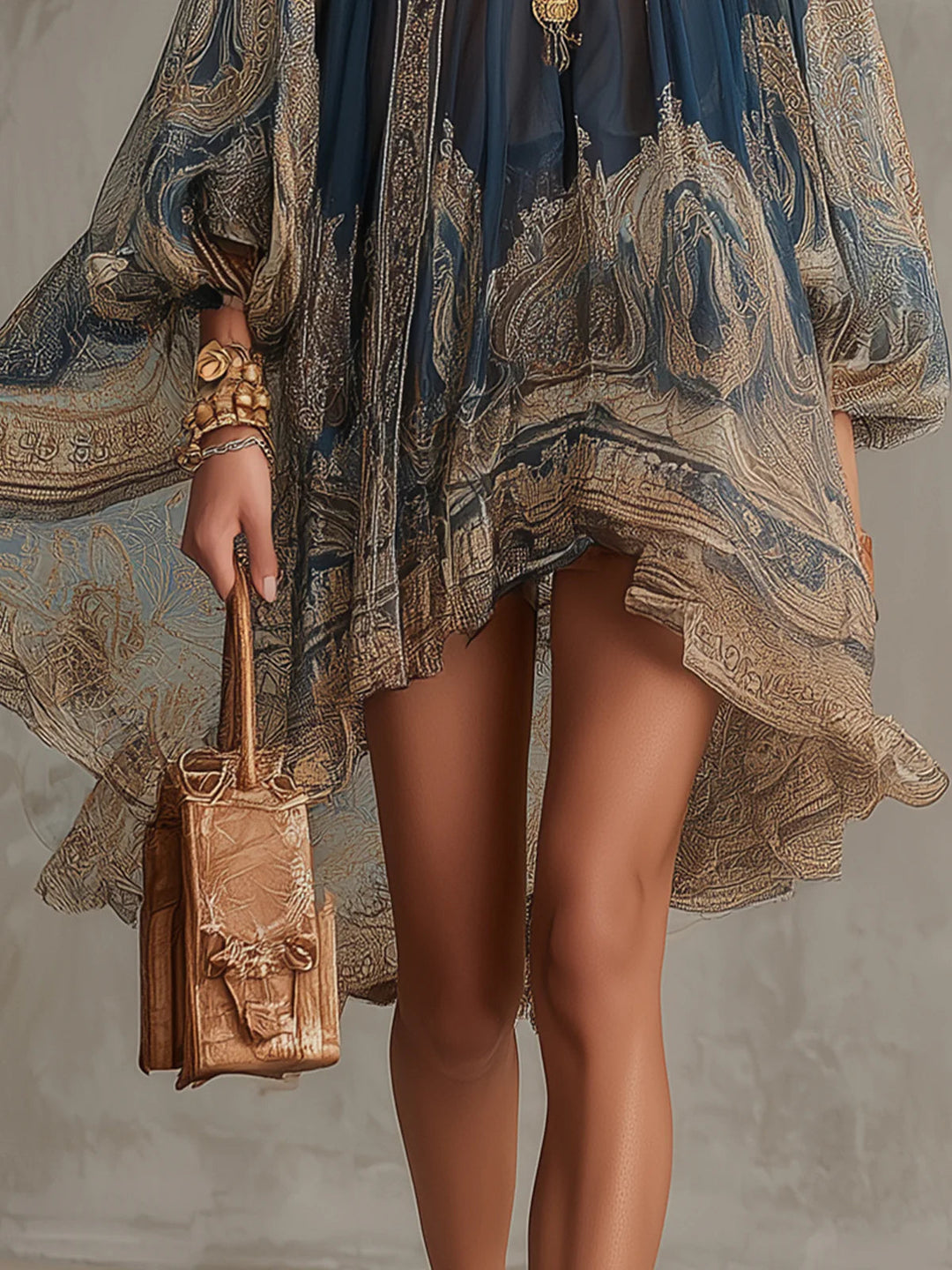 Robe courte bleu marine en mousseline à imprimé baroque, col haut et ourlet asymétrique