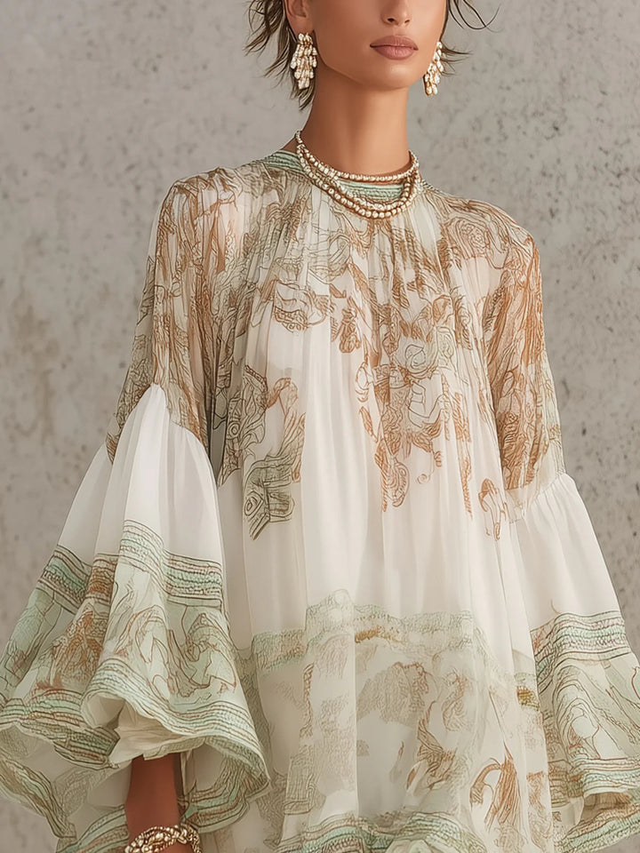 Robe courte verte en mousseline imprimée à manches évasées et ourlet à volants