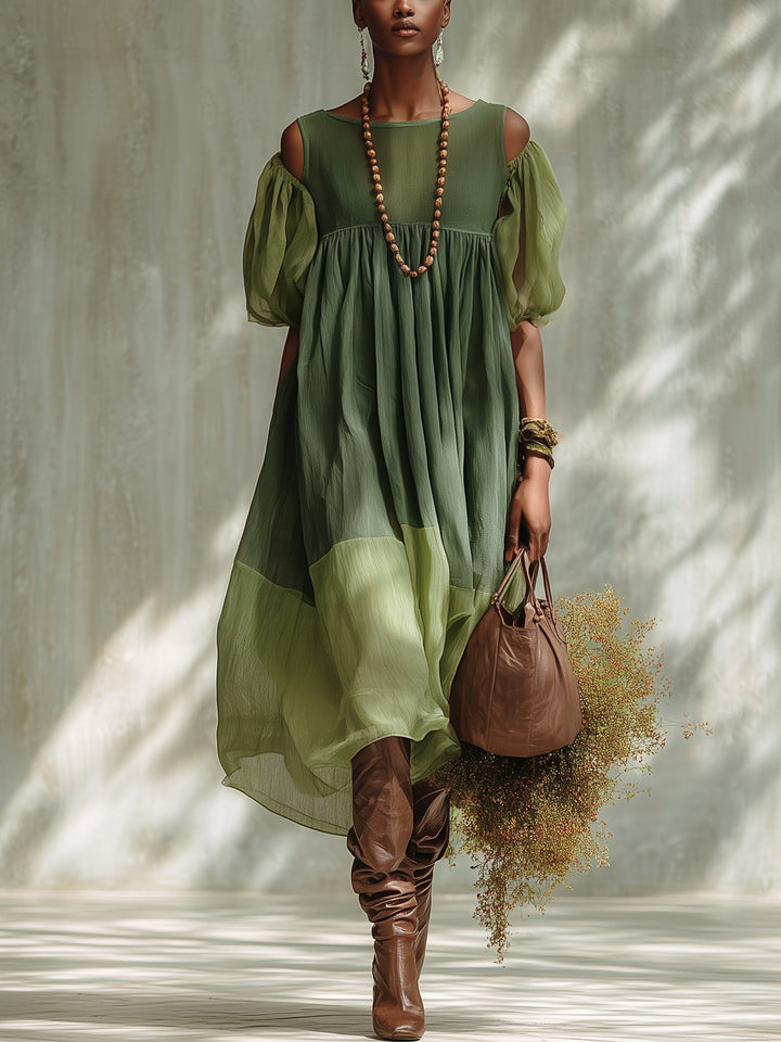 Robe midi vert chiffon épaules dénudées manches courtes