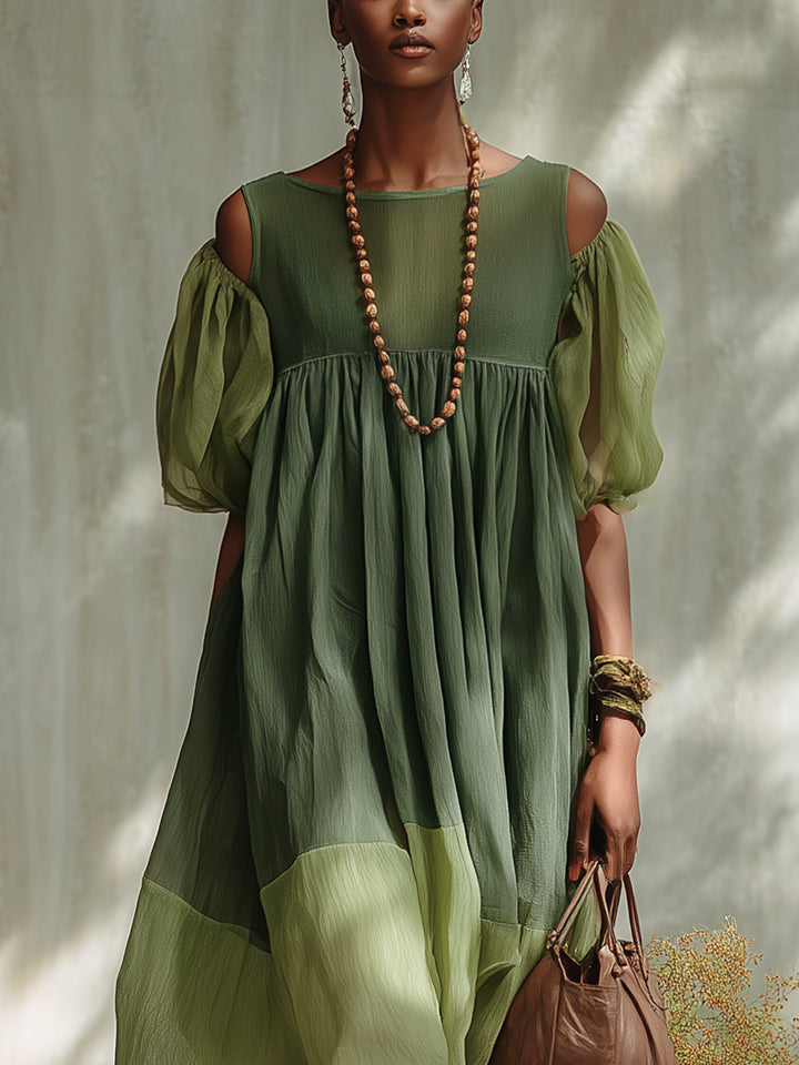 Robe midi vert chiffon épaules dénudées manches courtes