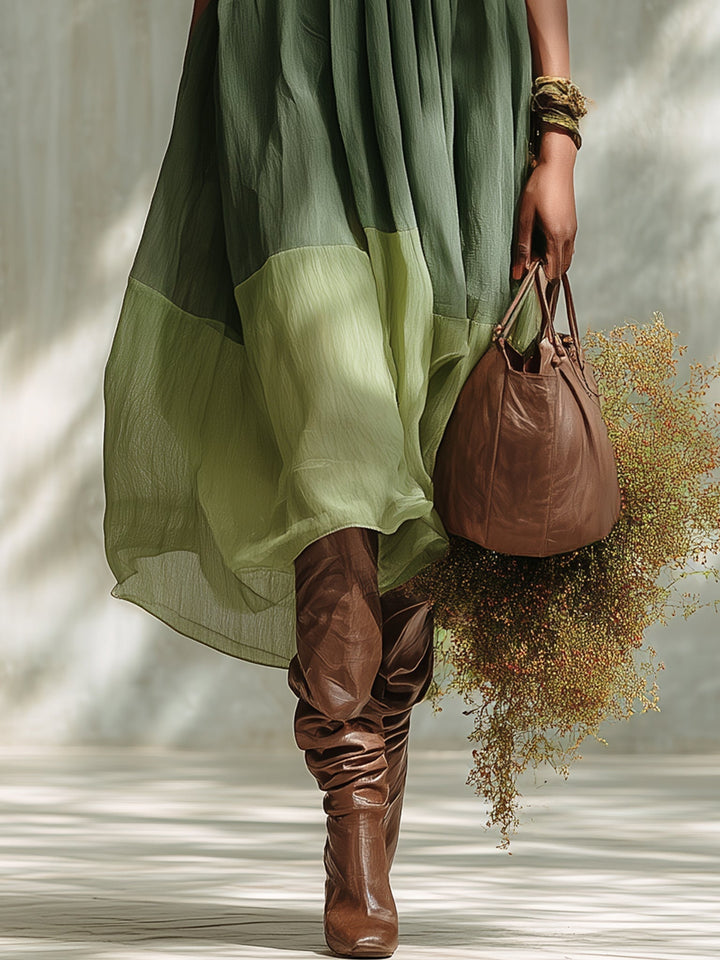 Robe midi vert chiffon épaules dénudées manches courtes