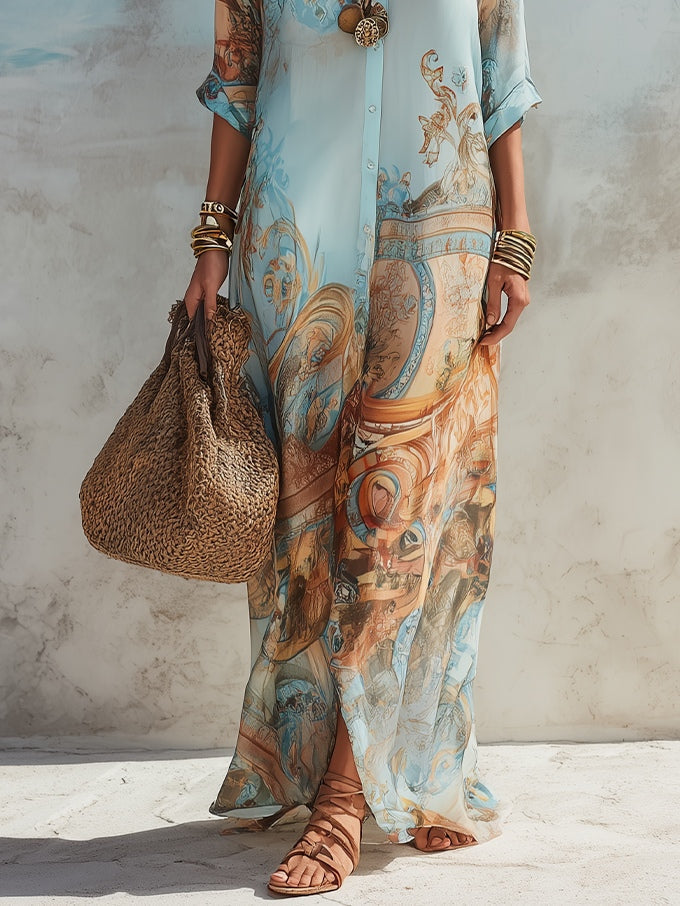 Robe longue chemise à imprimé floral bleu de vacances