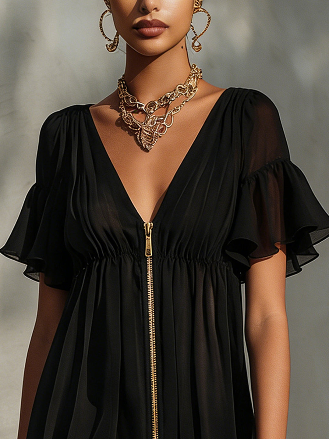 Arabella | Mini robe noire avec zip frontal, dentelle et manches volantées