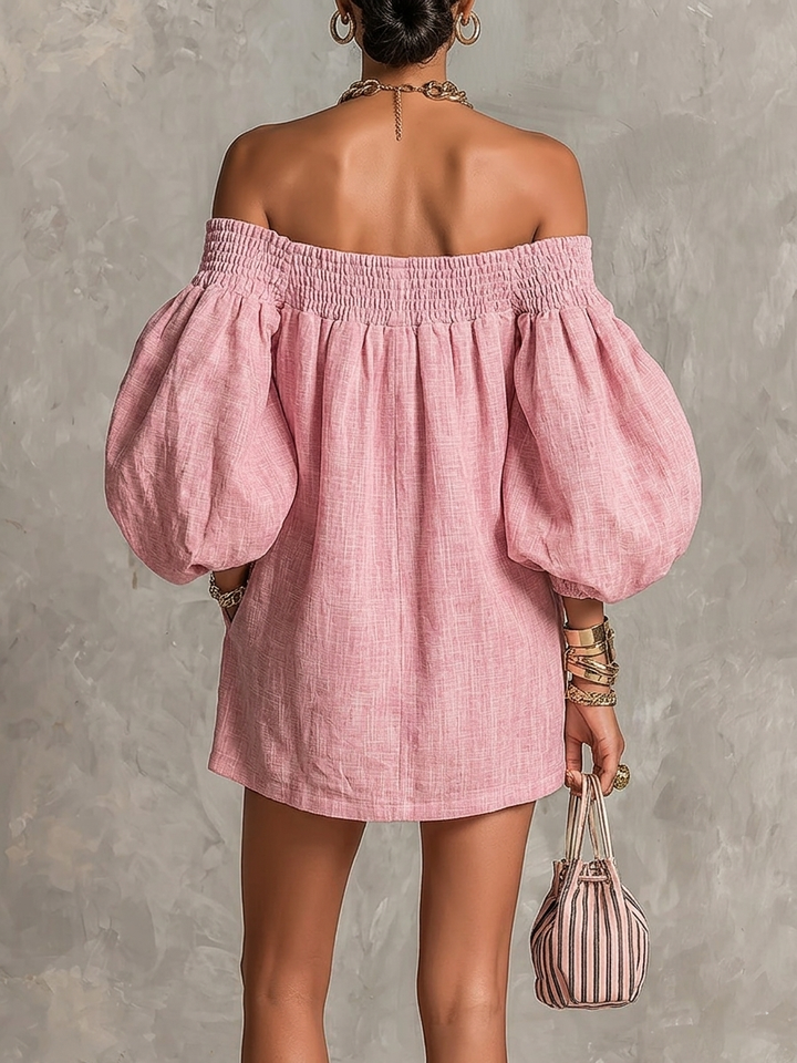 Violette | Robe Mini Trapèze Rose à Manches Lanterne et Épaules Dénudées