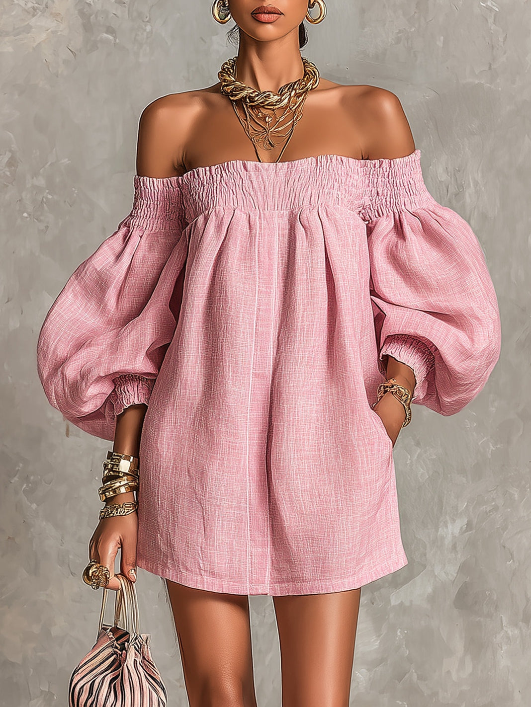 Rosaline | Robe Mini Épaules Dénudées à Manches Bouffantes