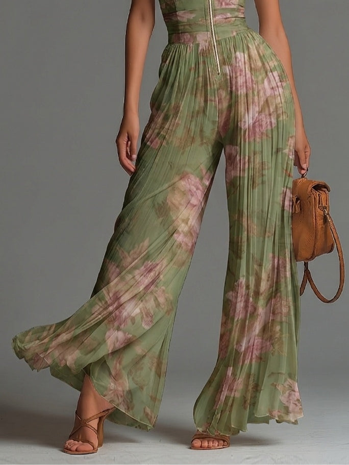 Combinaison verte en mousseline à fleurs, col V, sans manches, zippée, plissée et à jambes larges