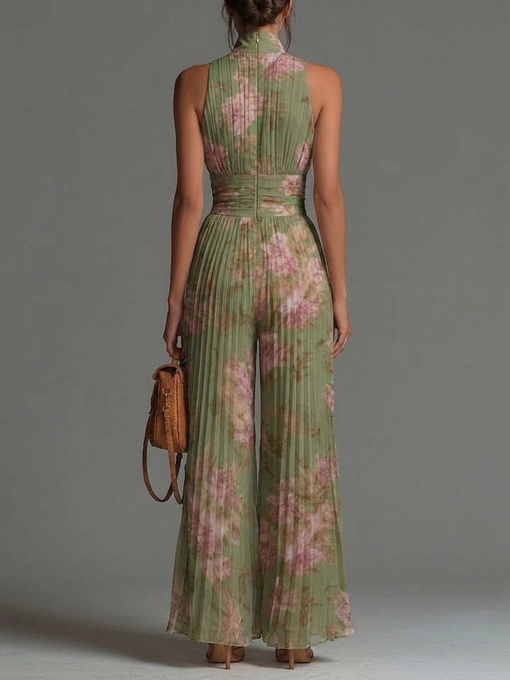 Combinaison verte en mousseline à fleurs, col V, sans manches, zippée, plissée et à jambes larges