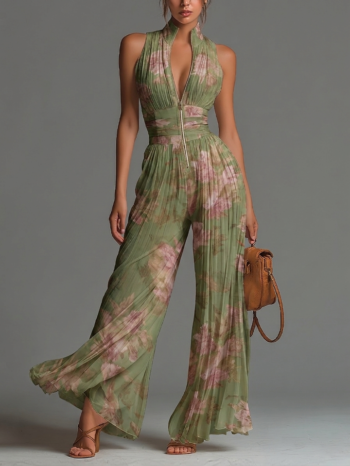 Combinaison verte en mousseline à fleurs, col V, sans manches, zippée, plissée et à jambes larges