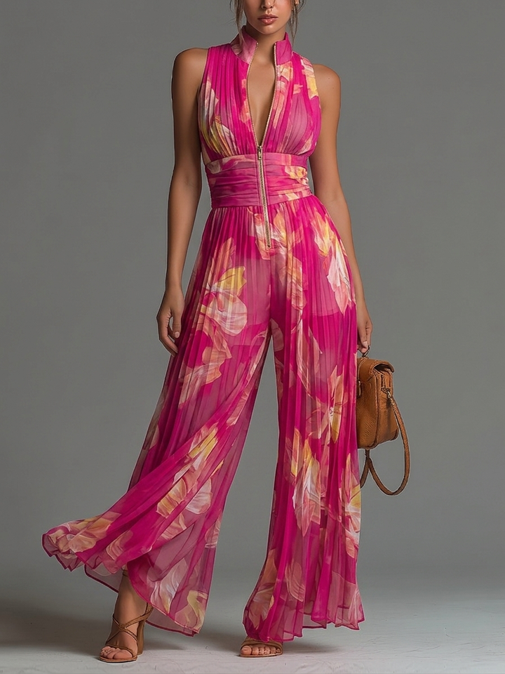 Combinaison fuchsia en mousseline à imprimé floral, sans manches, plissée, zippée et à jambes larges