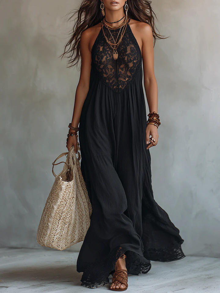 Robe longue bohème noire sans manches avec bordure élégante en dentelle