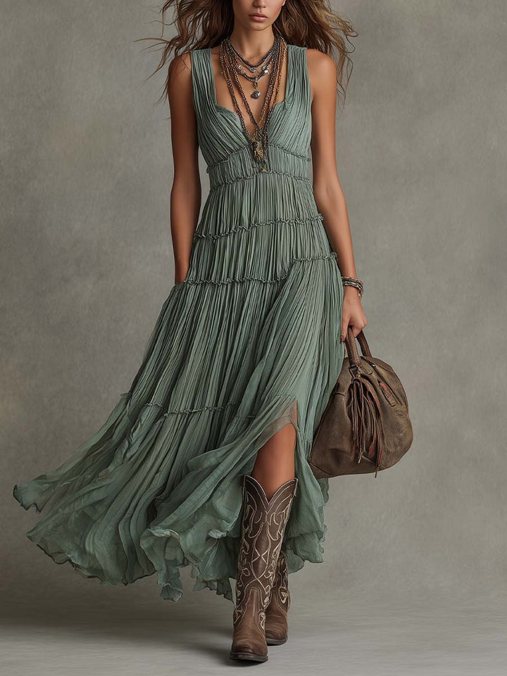 Ava | Robe longue élégante froncée à col en V