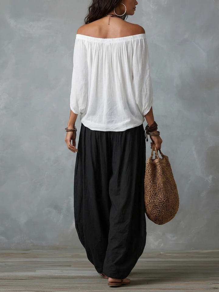 Ensemble blanc à haut épaules dénudées et pantalon ample boule