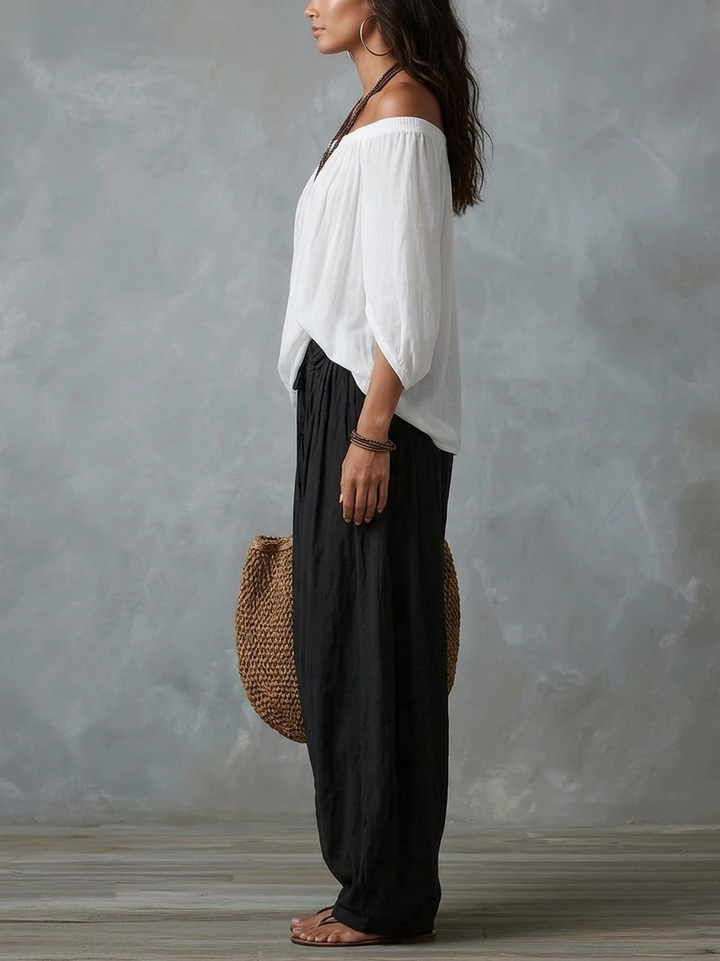 Ensemble blanc à haut épaules dénudées et pantalon ample boule