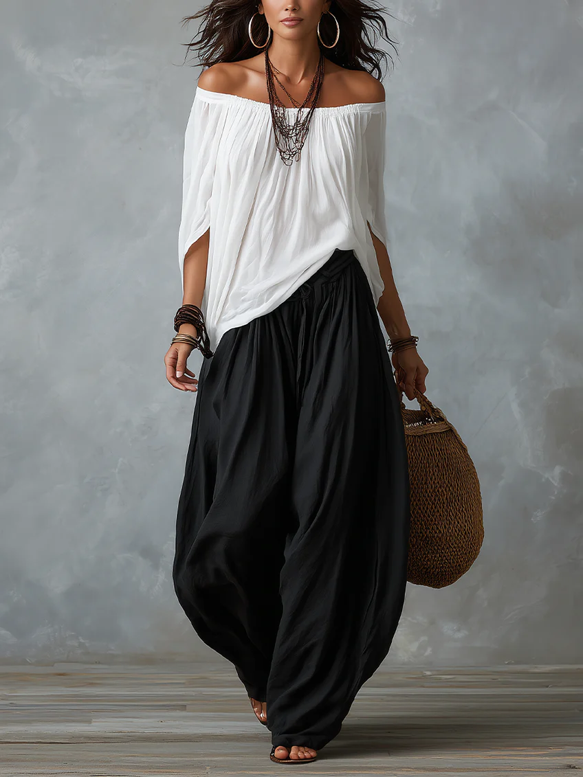 Ensemble blanc à haut épaules dénudées et pantalon ample boule