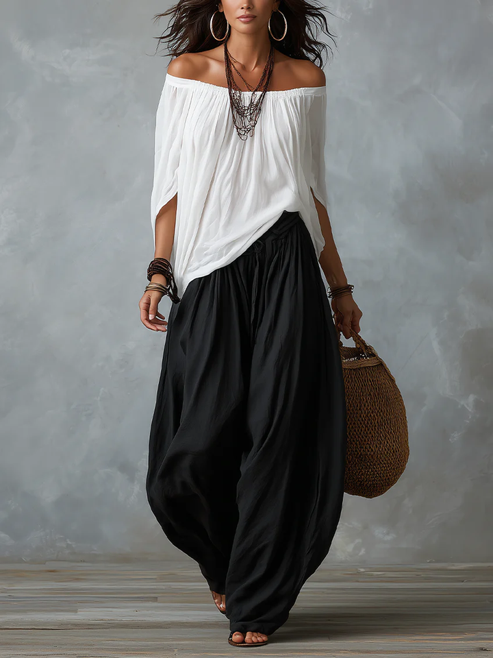 Ensemble blanc à haut épaules dénudées et pantalon ample boule