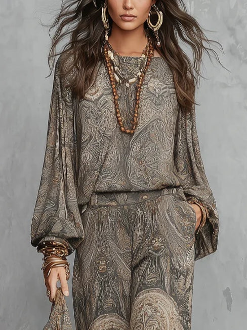 Ornella | Ensemble gris à motif paisley avec manches bouffantes