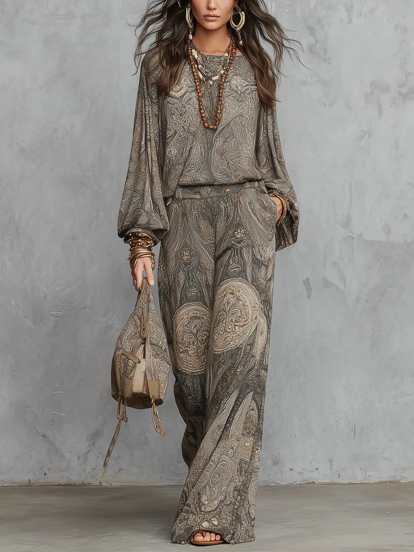 Ornella | Ensemble gris à motif paisley avec manches bouffantes