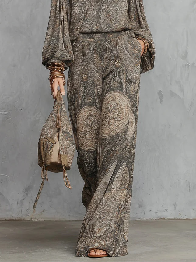 Ornella | Ensemble gris à motif paisley avec manches bouffantes