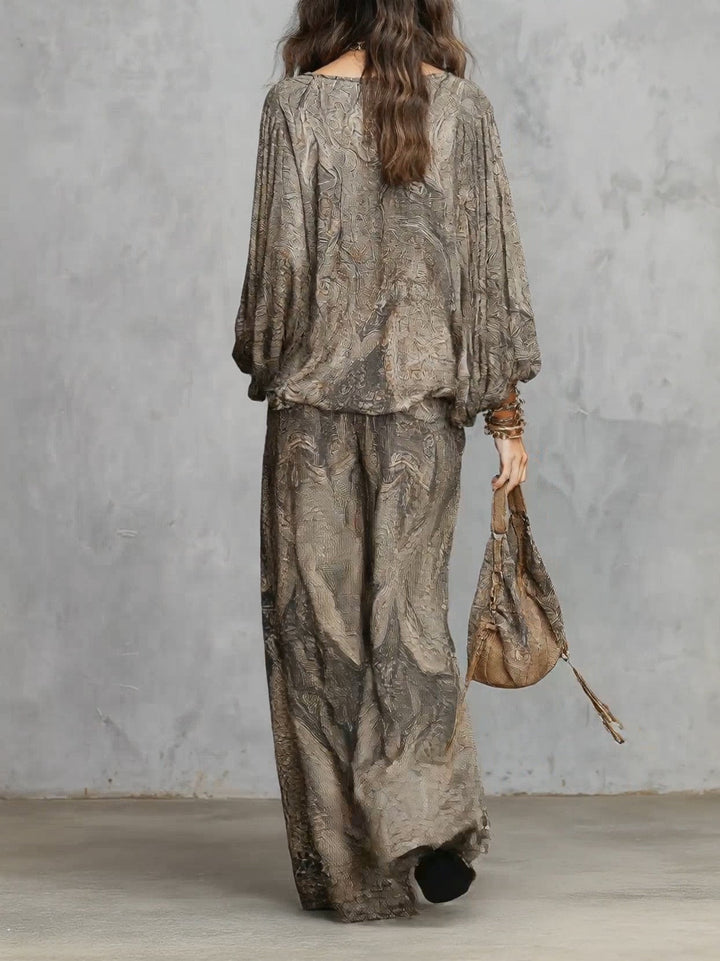 Ornella | Ensemble gris à motif paisley avec manches bouffantes