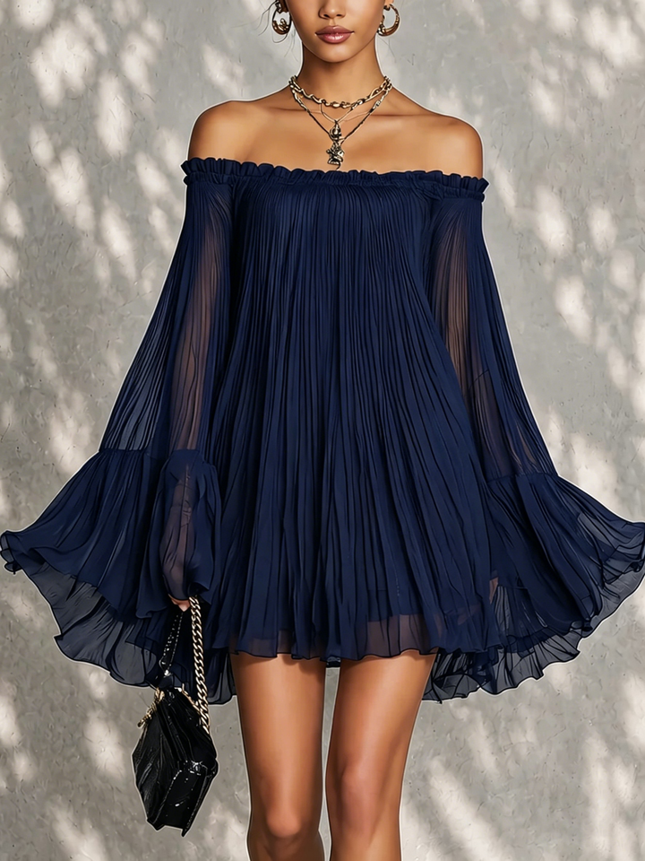 Flavia™ | Mini Robe Bleu Nuit Plissée à Décolleté Off-Shoulder