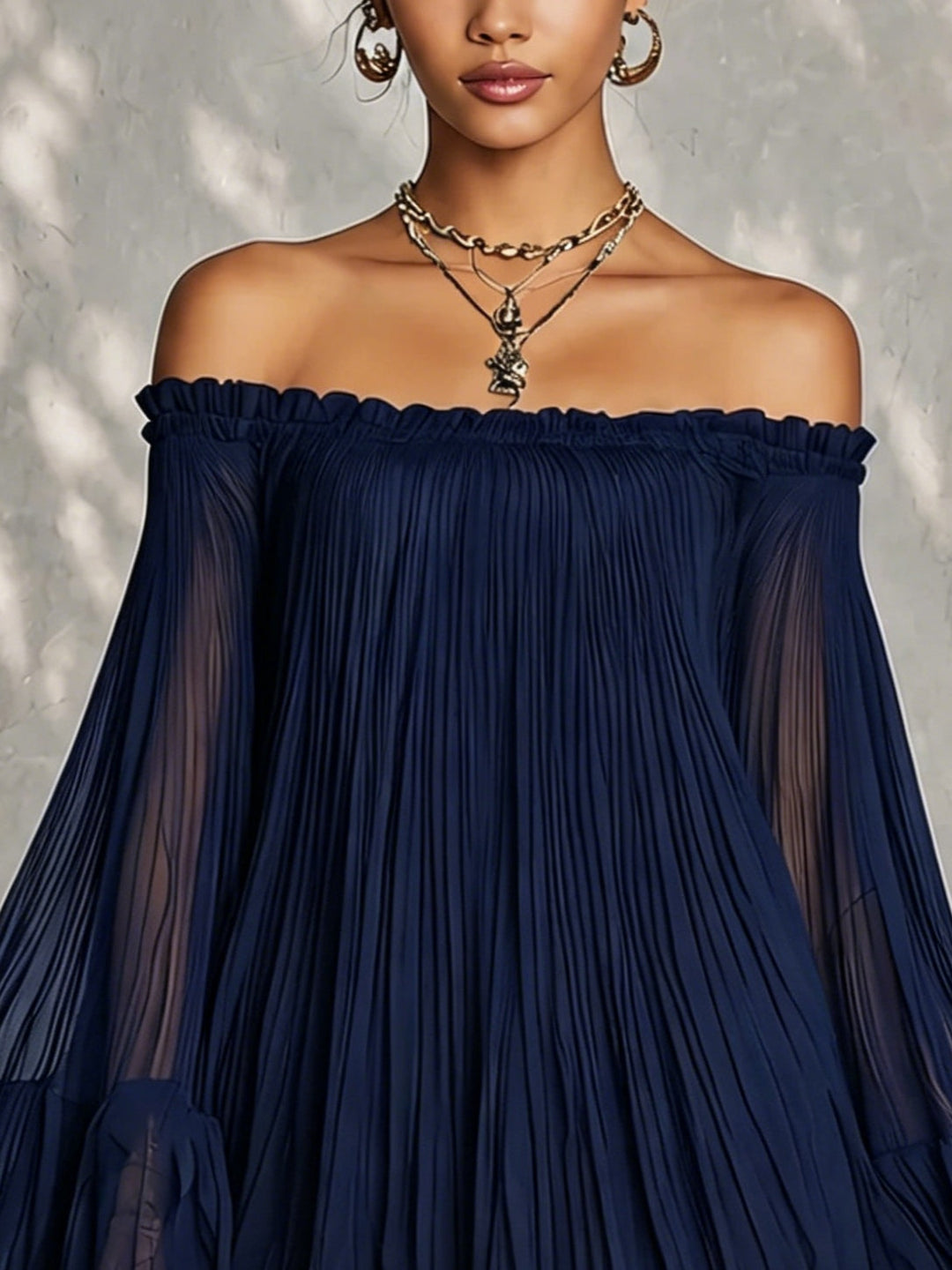 Flavia™ | Mini Robe Bleu Nuit Plissée à Décolleté Off-Shoulder
