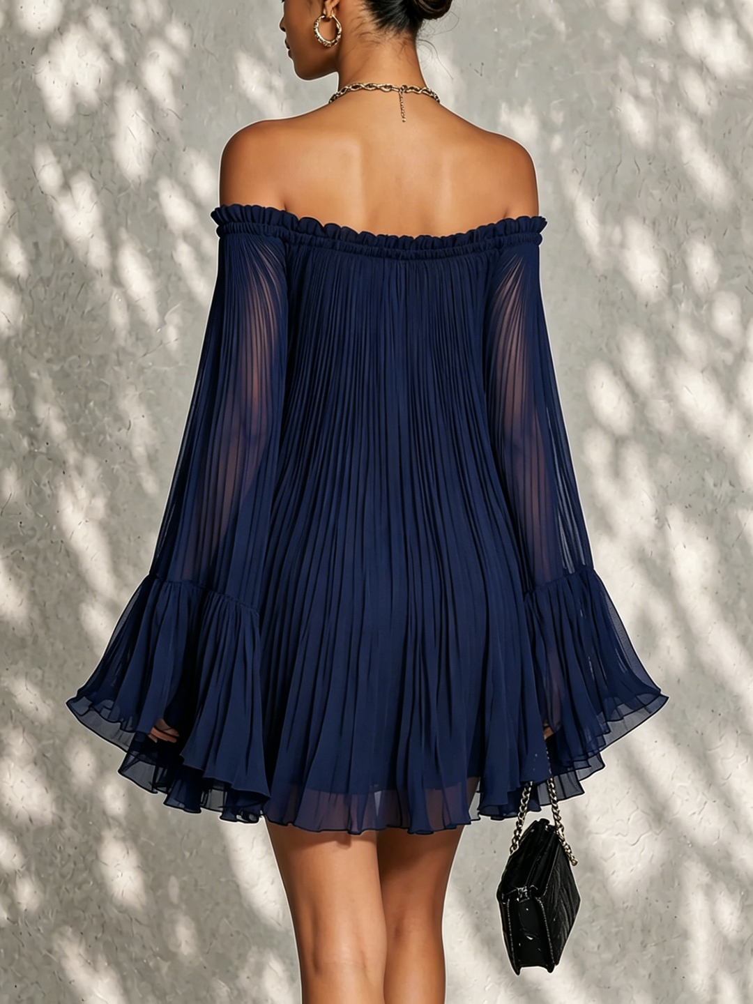 Flavia™ | Mini Robe Bleu Nuit Plissée à Décolleté Off-Shoulder