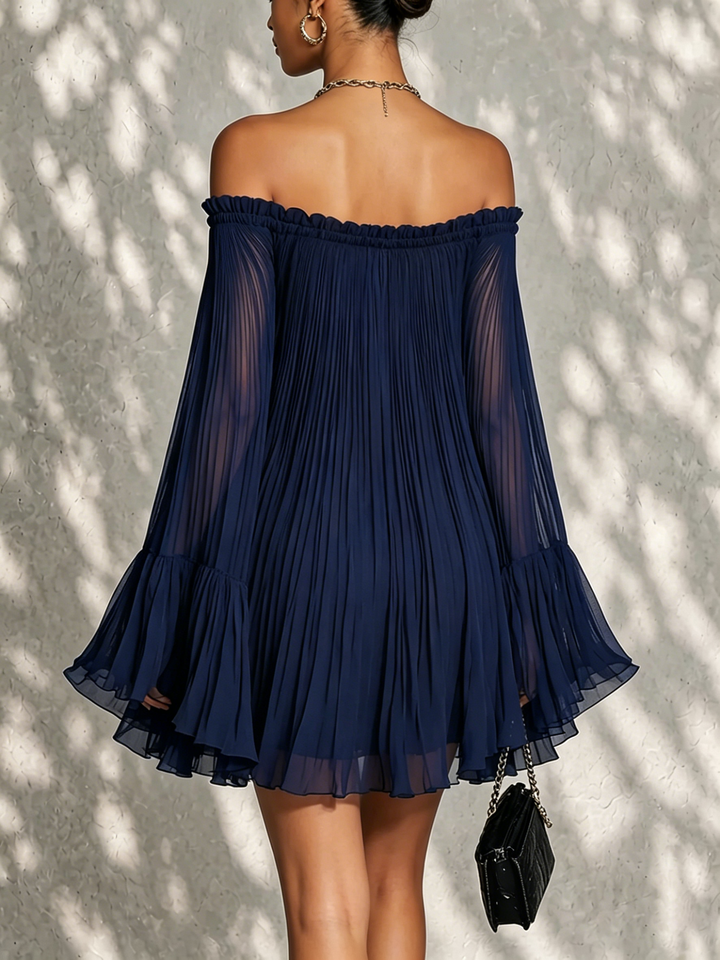 Flavia™ | Mini Robe Bleu Nuit Plissée à Décolleté Off-Shoulder