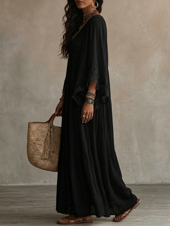 Ambra | Maxi robe noire décolletée en V avec manches chauve-souris