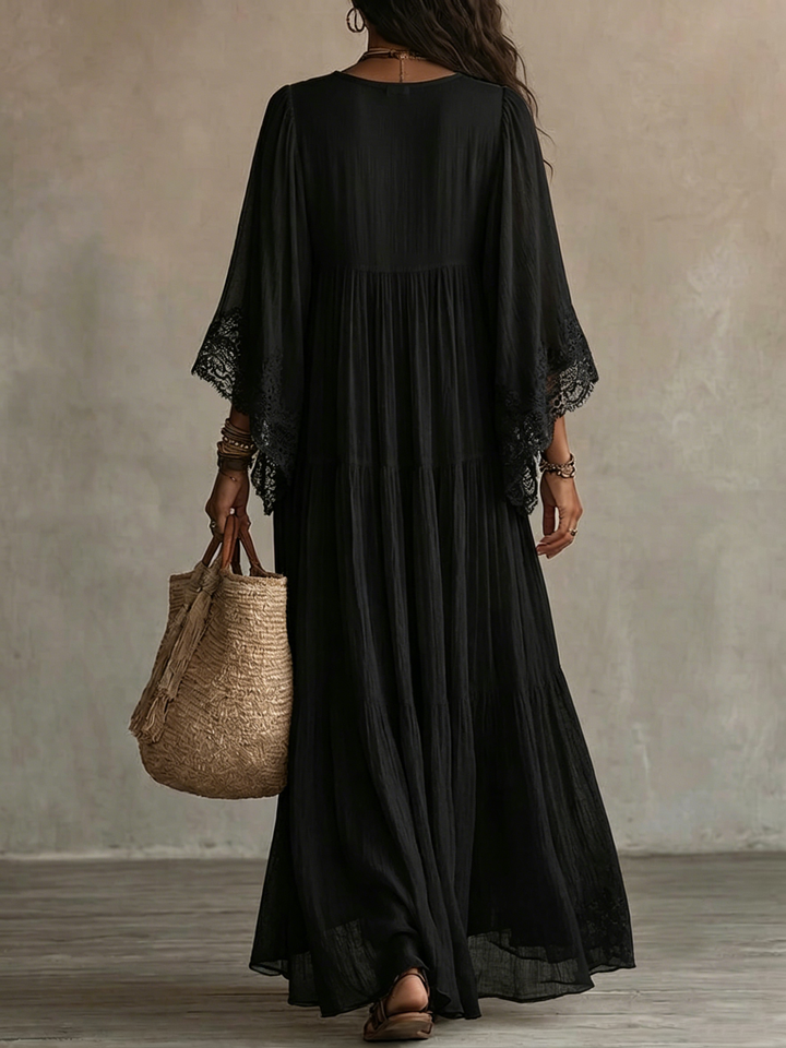 Ambra | Maxi robe noire décolletée en V avec manches chauve-souris