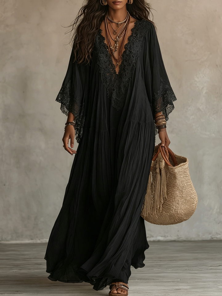 Ambra | Maxi robe noire décolletée en V avec manches chauve-souris